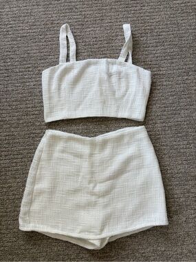 Lulu's White Textured Two-Piece Crop Top & Mini Skirt Set